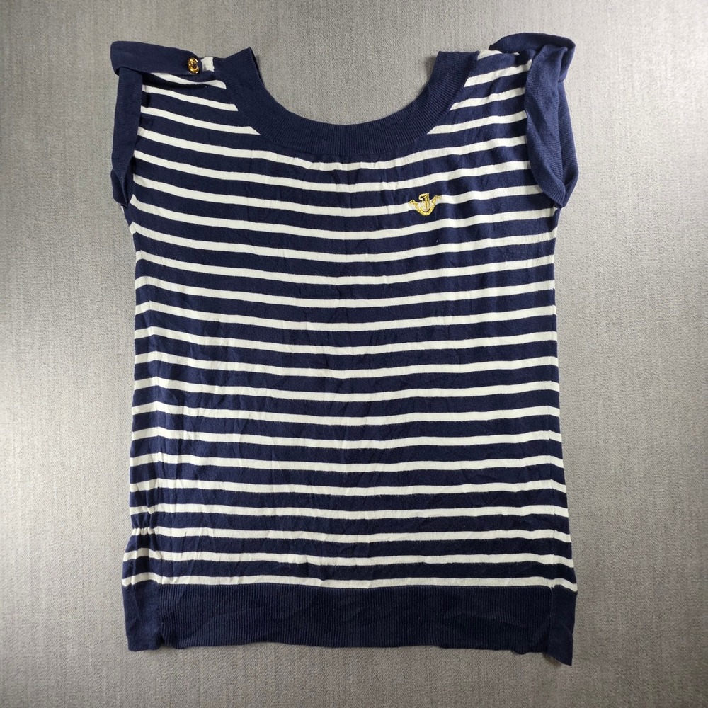 Juicy Couture Knit Top Women L Navy‎ Blue White Striped Nautical Embroider Logo